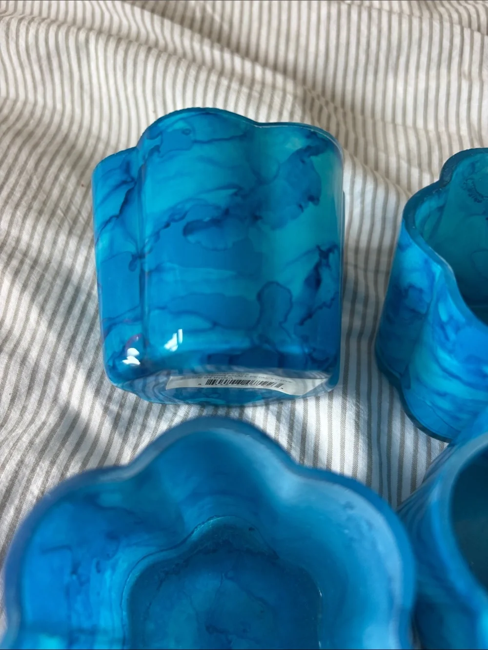 Set of 4 Blue Floral Glass votive candle holders